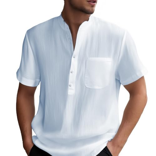 Gefomuofe Leinenhemd Herren Kurzarm Hemd Henley Sommerhemd Button Down Regular Fit Freizeithemden Sommer Strand Leinen Shirt Kurzarm Stehkragen Leinenshirt Beach Casual Shirt Standhemd von Gefomuofe