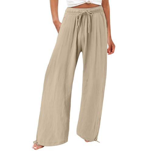 Gefomuofe Leinenhose Damen Sommer Leinen Leicht Casual Locker Stoffhose Leichte Palazzo Hose Weite Leg Hose Hohe Taille Dünne Sommerhose Herbst Hosen mit Tunnelzug und Taschen von Gefomuofe