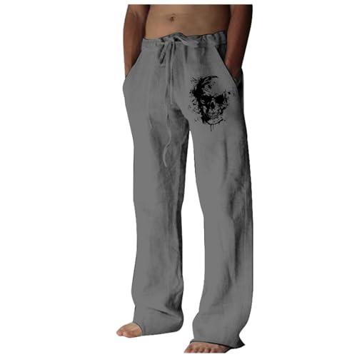 Gefomuofe Leinenhose Herren Slim Fit Sommerhose Freizeithose Totenkopf Print gedruckte-Taillentasche Sommerhose Lace Up Pants Freizeithose Leichte Atmungsaktiv Lang Jogginghose von Gefomuofe