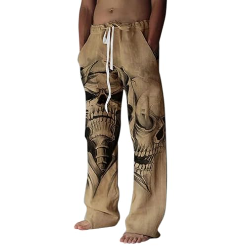 Gefomuofe Leinenhose Herren Slim Fit Sommerhose Freizeithose Totenkopf Print gedruckte-Taillentasche Sommerhose Lace Up Pants Leichte Atmungsaktiv Lang Jogginghose von Gefomuofe