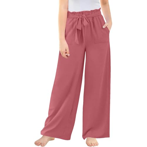 Gefomuofe Mädchen Leinenhose Einfarbig Sommerhose Atmungsaktiv Weite Hose Palazzo Hohe Taille Mode Bootcut Elastische Casual Leinen Leicht Hosen Freizeithose mit Gürtel für Teenager Mädchen von Gefomuofe