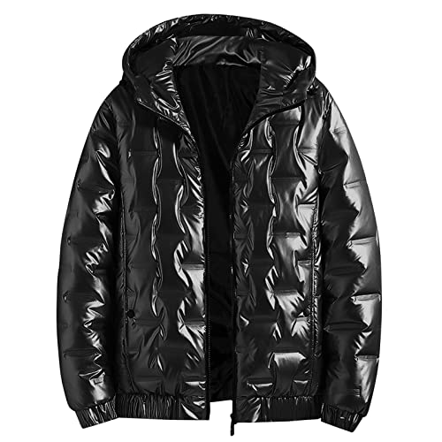 Gefomuofe Männer Warme Daunenjacken Einfarbig Winter Schnee Unten Jacken Mit Kapuze Reißverschluss Metall Glänzende Windjacke Parka Dicker Skimantel Kapuzenjacke Pufferjacke von Gefomuofe