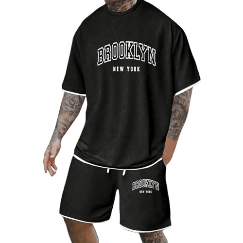 Gefomuofe Sommer Outfit Herren Baumwolle 2 Teiliges Trainingsanzug Kurzarm T-Shirt und Shorts Set Casual Jogginganzug Freizeitanzug mit Monogramm Y2K Tracksuit Zweiteiler Sportanzug von Gefomuofe