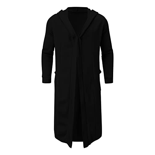Gefomuofe Strickjacke Herren Lange Cardigan Einfarbig Jacke Long Hooded Open Edge Cardigan Basic Männer Übergangsjacke Sweatjacke Loose Trenchcoat Langarm Mantel Kapuzen Freizeitjacke mit Taschen von Gefomuofe