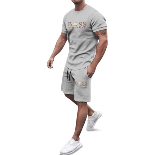 Gefomuofe Trainingsanzug Herren 2 Teiler Jogginganzug Oversized Sport Kleidung Zweiteiler Männer Fitnessanzug mit Monogramm Kurzarm T-Shirt + Kurze Hose Sommer Outfit Strand Urlaud von Gefomuofe