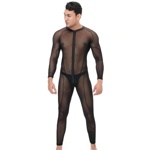 Gefomuofe Transparent Jumpsuit Herren Ouvert-Body Overall Ganzkörper Anzug Spleißen Einteilige Zwangsjacke Bühne Kleidung Fischernetz Strumpfhosen Dessous Lingerie Clubwear von Gefomuofe