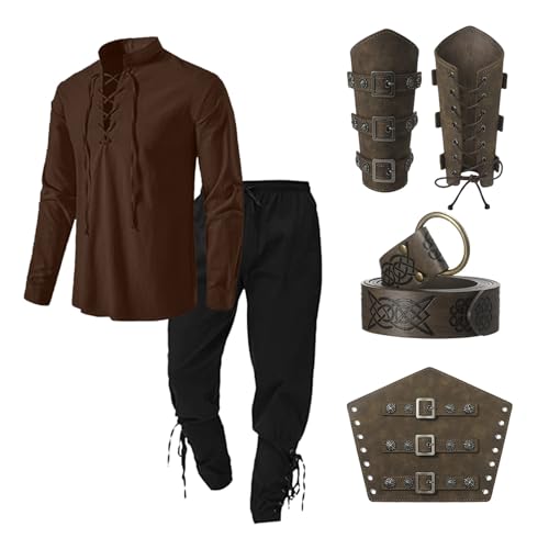 Gefomuofe Wikinger Kostüm Herren Hemd Piratenkostüm Set Leinenstoff Renaissance Kleidung Mittelalterliche Kleidung Klassisches Schnürhemd Piratenhemd Hose Accessoire Set 4-teiliges Set von Gefomuofe