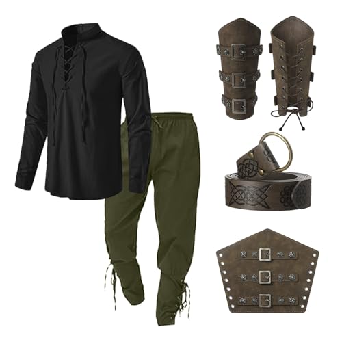 Gefomuofe Wikinger Kostüm Herren Hemd Piratenkostüm Set Leinenstoff Renaissance Kleidung Mittelalterliche Kleidung Klassisches Schnürhemd Piratenhemd Hose Accessoire Set 4-teiliges Set von Gefomuofe
