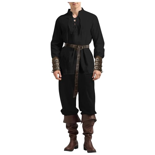 Gefomuofe Wikinger Kostüm Herren Hemd Piratenkostüm Set Leinenstoff Renaissance Kleidung Mittelalterliche Kleidung Klassisches Schnürhemd Piratenhemd Hose Accessoire Set 4-teiliges Set von Gefomuofe