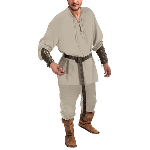 Gefomuofe Wikinger Kostüm Herren Hemd Piratenkostüm Set Leinenstoff Renaissance Kleidung Mittelalterliche Kleidung Klassisches Schnürhemd Piratenhemd Hose Accessoire Set 4-teiliges Set von Gefomuofe