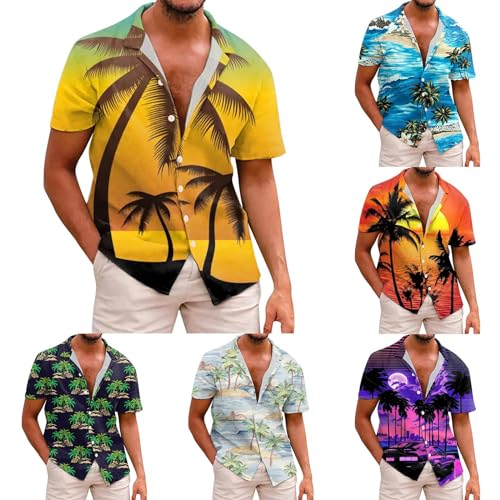 Hawaiihemd Herren Hemd Kurzarm Sommerhemd Herren Freizeithemden Kokosnussbaum Druck Urlaub Strand Hemd Regular Fit Blumenketten Hawaii Hemd Lässig Button Hawaii-Print Shirt Leinenhemd von Gefomuofe