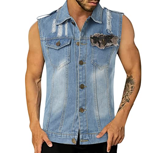 Herren Jeansweste Zerrissen Casual Ärmellos Biker Fashion Jeansweste Classics Herren Weste Denim Vest Denim Weste Classics Fashion Jeans-Weste Outdoor Freizeit Jacke Bikerweste Motorradweste von Gefomuofe