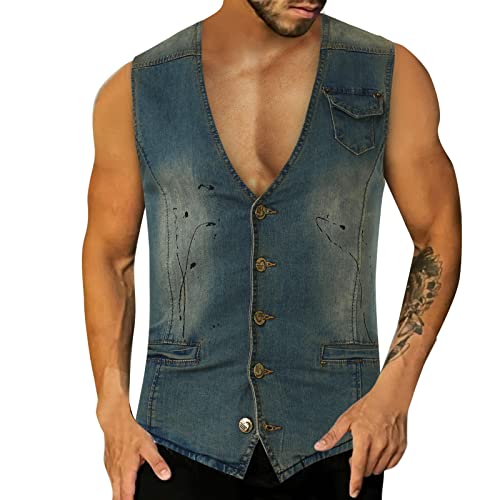 Herren Jeansweste Zerrissen Casual Ärmellos Biker Fashion Jeansweste Classics Herren Weste Denim Vest Denim Weste Classics Fashion Jeans-Weste Outdoor Freizeit Jacke Bikerweste Motorradweste von Gefomuofe