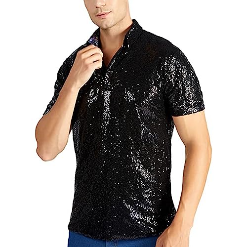 Herren Pailletten-T-Shirt Disco Hemd 70er 80er Jahre Kostüm Motto Party Hippie Silvester Karneval Fasching Sliber Gold Schwarz Kurzarm Turndown Sparkle Nachtclub Party Polo T-Shirt Tops von Gefomuofe