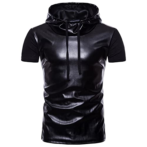 Herren Wetlook Hoodie T Shirt Slim Fit Latex Glänzend Tops Sexy Oberteil Lack Leder Mesh mit Stehkragen Hippie Disco Party Clubwear Lack Optik Wetlook Oberteile von Gefomuofe