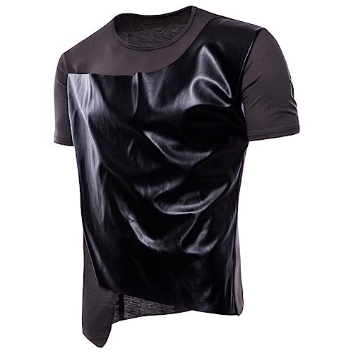 Herren Wetlook Shirt Lack-Optik Kurzarm Oberteil aus Lack Leder Mesh mit Stehkragen dehnbar Blickdicht Männer fetisch Shirt Kurzarm Männer Unterhemd Zipper Slim Fit Party Club Gogo Kostüm von Gefomuofe