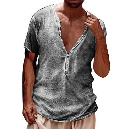 T Shirt Herren V-Ausschnitt Retro Henley Shirt Tailliert Muskelshirts Einfarbiges Kordelzug Retro Henley Shirt Tactical Shirts Combat Shirt Oversized Tshirt Herren Sommer Tops von Gefomuofe