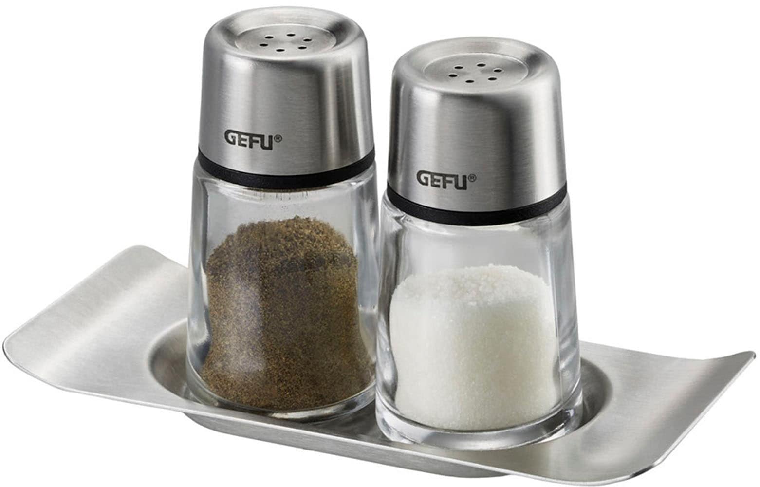 GEFU Salz- / Pfefferstreuer "BRUNCH Set", (Set, 3 tlg.), stilvolles, modernes Design aus hochwertigem Edelstahl und Glas von Gefu