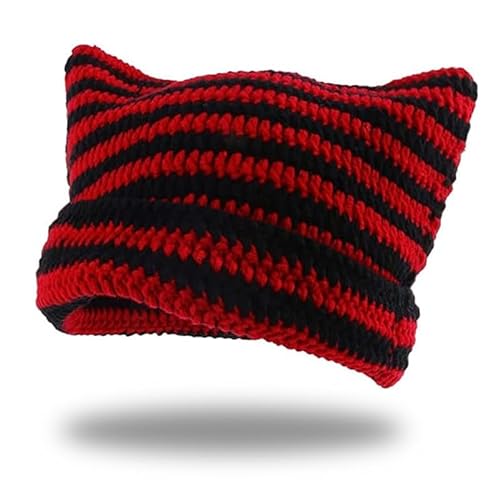 Häkelmützen Frauen Katze Ohr Stricken Winter Hut Vintage Niedliche Katzenohren-Beanie-Mütze Schirmmütze Strickmütze Teufelsmüt Totenkopfmütze Schwarz Wolle Gehäkelt Gestrickt (Rot,Einheitsgröße) von Gehanico