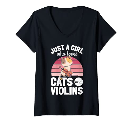 Damen Violine Geigenspielerin Katze Geige T-Shirt mit V-Ausschnitt Damen Violine Geigenspielerin Katze Geige T-Shirt mit V-Ausschnitt von Geigen-Spieler Geschenke