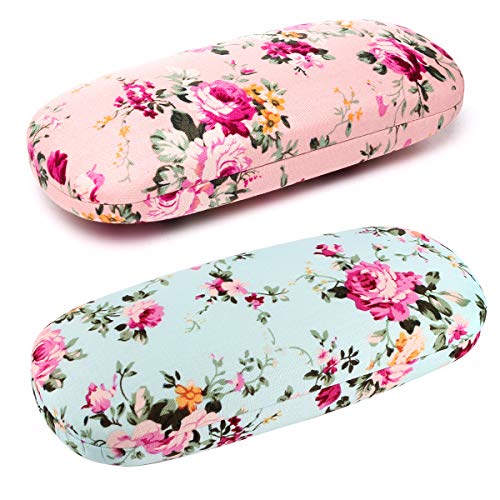 Geila Floral Brillenetui, 2 Stück Damen Tragbare Blumenstoffe Brillenetui, Hartschalen Retro Brillenetui Box, Covered Shell Style Schutzhülle (blau x 1 + rosa x 1) von Geila