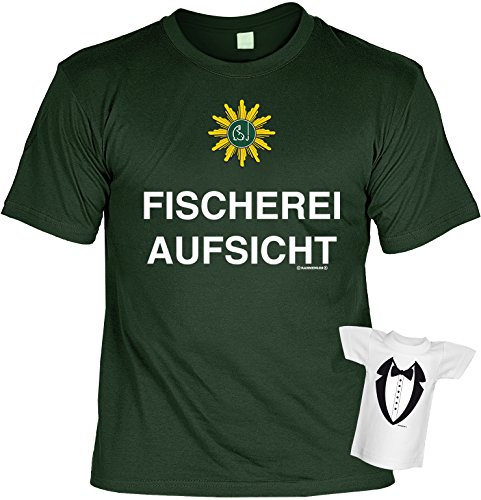 Angler T-Shirt Fischerei-Aufsicht Angel-Shirt Gruen Bedruckt Geschenk-Set mit Mini Flaschenshirt von Geile-Fun-T-Shirts