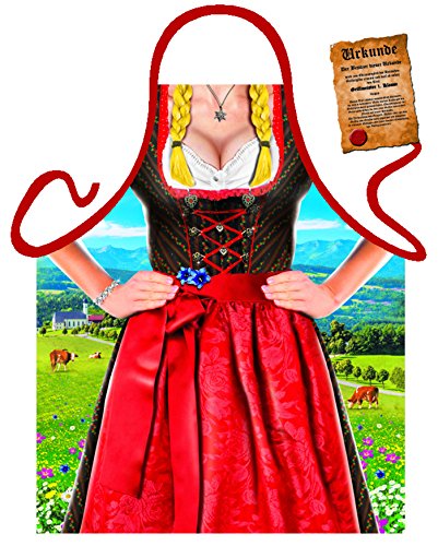 Damen Grill-Schürze Alpen-Dirndl Tracht Fun Koch-Schürze Küchen-Schürze geil bedruckt Geschenk-Set mit Grillmeister-Urkunde von Geile-Fun-T-Shirts