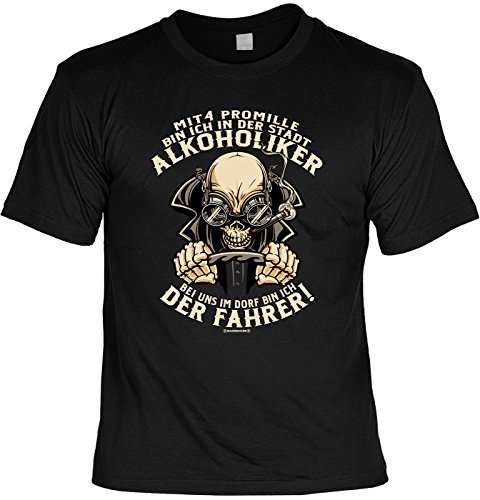 Fun T-Shirt für Männer - Im Dorf der Fahrer mit 4 Promille - Herren Shirts schwarz lustiges Geschenk-Set Bedruckt mit Urkunde von Geile-Fun-T-Shirts