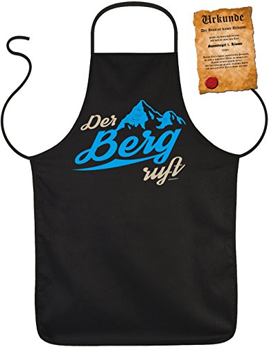 Geile-Fun-T-Shirts Herren Kochschürze - Der Berg Ruft - Küchenschürze Grillschürze für Männer lustiges Geschenk-Set für Wanderer mit Spassvogel-Urkunde von Geile-Fun-T-Shirts