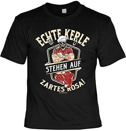 Grill T-Shirt für Männer - Echte Kerle Stehen auf zartes Rosa - Herren Shirts schwarz lustiges Geschenk-Set Bedruckt mit Grillmeister-Urkunde von Geile-Fun-T-Shirts