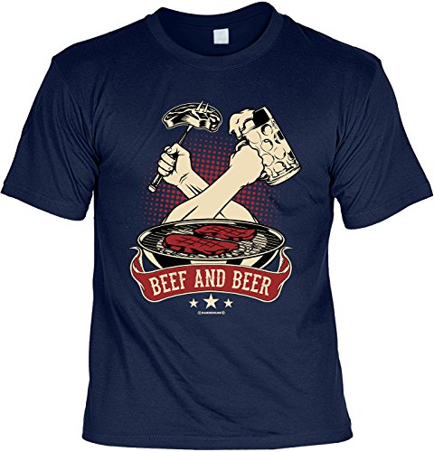 Grill T-Shirt für Männer - Grillen - Beef and Beer - Herren Shirts blau lustiges Geschenk-Set Bedruckt mit Grillmeister-Urkunde von Geile-Fun-T-Shirts