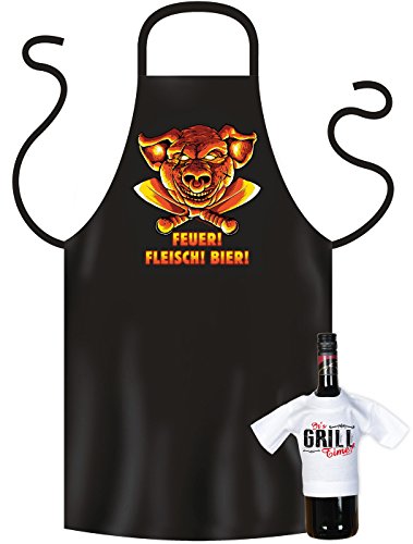 Grillschürze für Männer - Feuer Fleisch Bier - Grill Koch Küchenschürze Schürze Männer Geschenke Set geil bedruckt mit Mini Flaschenshirt (ohne Flasche) von Geile-Fun-T-Shirts