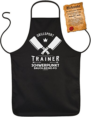 Grillschürze für Männer - Grillsport Trainer - Kochschürze Grill-Schürze schwarz lustiges Geschenk-Set bedruckt mit Grillmeister-Urkunde von Geile-Fun-T-Shirts