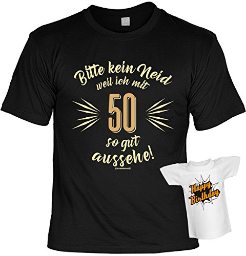 Herren Geburtstag T-Shirt - 50 Jahre - Bitte kein Neid - Shirts 4 Heroes schwarz Bedruckt Geschenk-Set mit Mini Flaschenshirt von Geile-Fun-T-Shirts