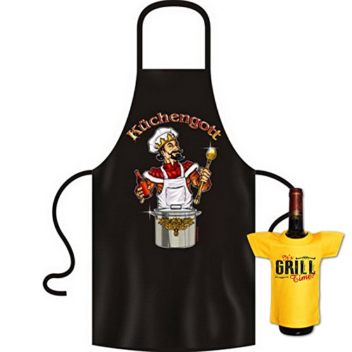Kochschürze Männer - Küchengott - Grill Koch Küchenschürze Schürze Männer Geschenke Set geil bedruckt mit Mini Flaschenshirt (ohne Flasche) von Geile-Fun-T-Shirts