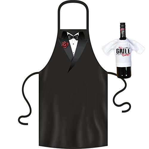 Kochschürze Männer - Smoking Fliege schwarz - Grill Koch Küchenschürze Schürze Männer Geschenke Set geil bedruckt mit Mini Flaschenshirt (ohne Flasche) von Geile-Fun-T-Shirts