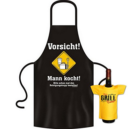 Kochschürze Mann kocht Grill Koch Küchenschürze Schürze Männer Geschenke Set geil bedruckt mit Mini Flaschenshirt (ohne Flasche) von Geile-Fun-T-Shirts