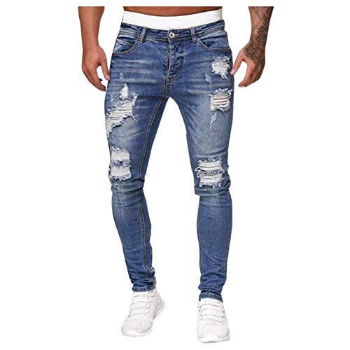 Geili Jeans Hose Herren Lang Destroyed Löchern Jeanshosen Skim Fit Strech Skinny Jeans Männer Vintage Wasserwäsche Used Look Denim Pants Freizeithose Arbeitshose S-3XL (L, Hellblau) von Geili Herren