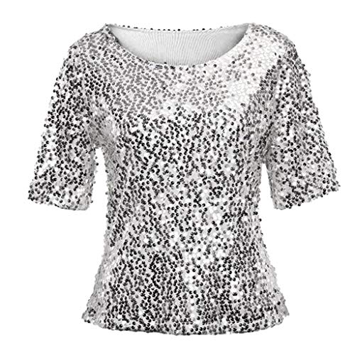 Geilisungren Damen Blusen Kurzarm Sommer Glitzer Oberteile Damen Elegant Tshirt Mit Aufdruck Festliche Zur Hochzeit Top Hemd Pailletten Sequin Tunika Rundhals Sommer Lose Basic Shirts von Geilisungren