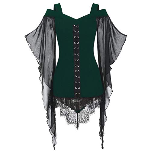 Geilisungren Damen Gothic Renaissance Vintage Spaghetti V-Ausschnitt Fledermaus Ärmel Bluse 3/4 Arm Tüll Tops Große Größen Oberteile T Shirt Halloween Party Hexe Cosplay Kostüm von Geilisungren