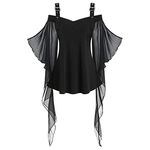 Geilisungren Damen Gothic Renaissance Vintage Spaghetti V-Ausschnitt Fledermaus Ärmel Bluse 3/4 Arm Tüll Tops Große Größen Oberteile T Shirt Halloween Party Hexe Cosplay Kostüm von Geilisungren