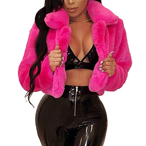 Geilisungren Damen Mantel Winter Elegant Warm Faux Fur Kunstfell Jacke Kurz Kunstpelz Flauschiges Coat Outwear Umlegekragen Langarm Parka Felljacke Fellmantel Einfarbige Wintermantel (Hot Pink, L) von Geilisungren