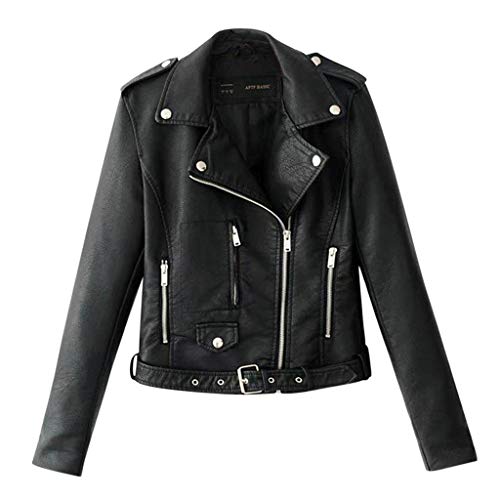 Geilisungren Damen Mode Revers Langarm Nieten Lederjacke Kunstlederjacke Punk Motorradjacke Frauen Reißverschluss Taschen Gürtel Biker Jacke Große Größen Kurz Mantel Crop Outwear von Geilisungren