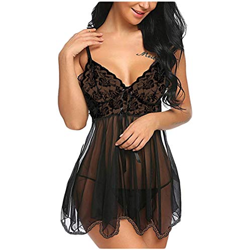 Geilisungren Damen Reizwäsche Sexy Dessous Set Frauen Transparent Kleid Nachtwäsche Nachtkleid Erotische Nachthemden Negligee V-Ausschnitt Spitzen Babydoll Lingerie mit String von Geilisungren