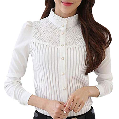 Geilisungren Damen Stehkragen Oberteil Tailliert Damen Bluse Spitze Elegant Weiß Business Hemd mit Knöpfen Vorne Shirts Langarm Slim Fit Top mit Spitze Langarmshirt Hemdbluse Lässig Tunika Arbeit von Geilisungren