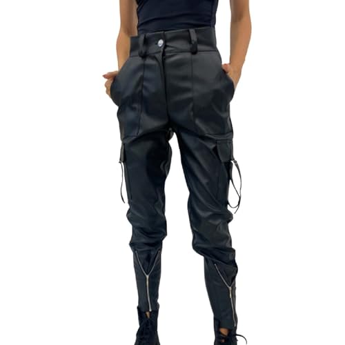 Geilisungren Damen Wetlook-Hose Lederimitat Kunstleder-Hose Glanz Hohe Taille Gerade Hoher Bund Treggings Stretch Korsage Schnürung Bondage Bleistifthose Mit Reißverschluss Capris Hosen von Geilisungren