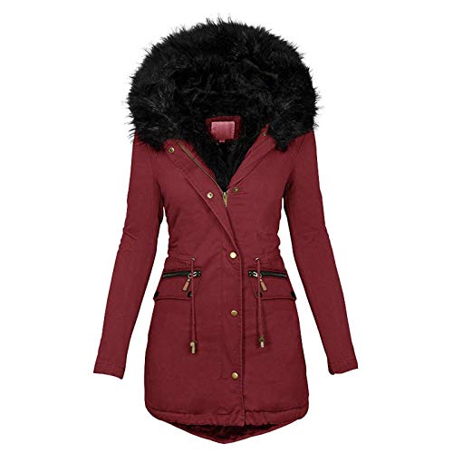 Geilisungren Damen Wintermantel Kunstpelz Kapuze Lange Mäntel Winddichtes Baumwollfutter Outdoor Warme Jacke Parka Reißverschluss Knopf Jacken Mantel von Geilisungren