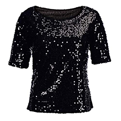 Geilisungren Glitzer Oberteile Damen Elegant Tshirt Mit Aufdruck Festliche Blusen Damen Zur Hochzeit Gold Shirt Pailletten Elegant Sequin Tunika Kurzarm Rundhals Sommer Lose Basic Top Hemd von Geilisungren