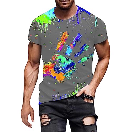 Geilisungren Herren Basic Rundhalsausschnitt Kurzarm T-Shirts Bunt Handabdruck Sommer Bluse Männer 3D Drucken Lustig Shirts Alltag Party Tops von Geilisungren