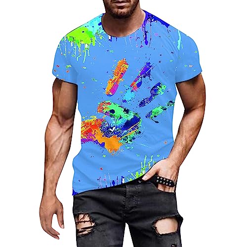 Geilisungren Herren Basic Rundhalsausschnitt Kurzarm T-Shirts Bunt Handabdruck Sommer Bluse Männer 3D Drucken Lustig Shirts Alltag Party Tops von Geilisungren